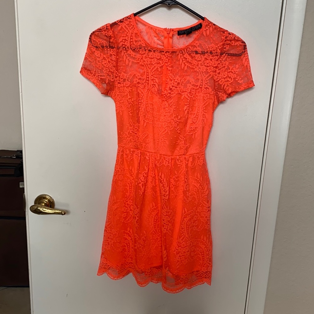 Like new TOPSHOP PETITE Neon Orange Lace Cap Sleeve Dress size 2